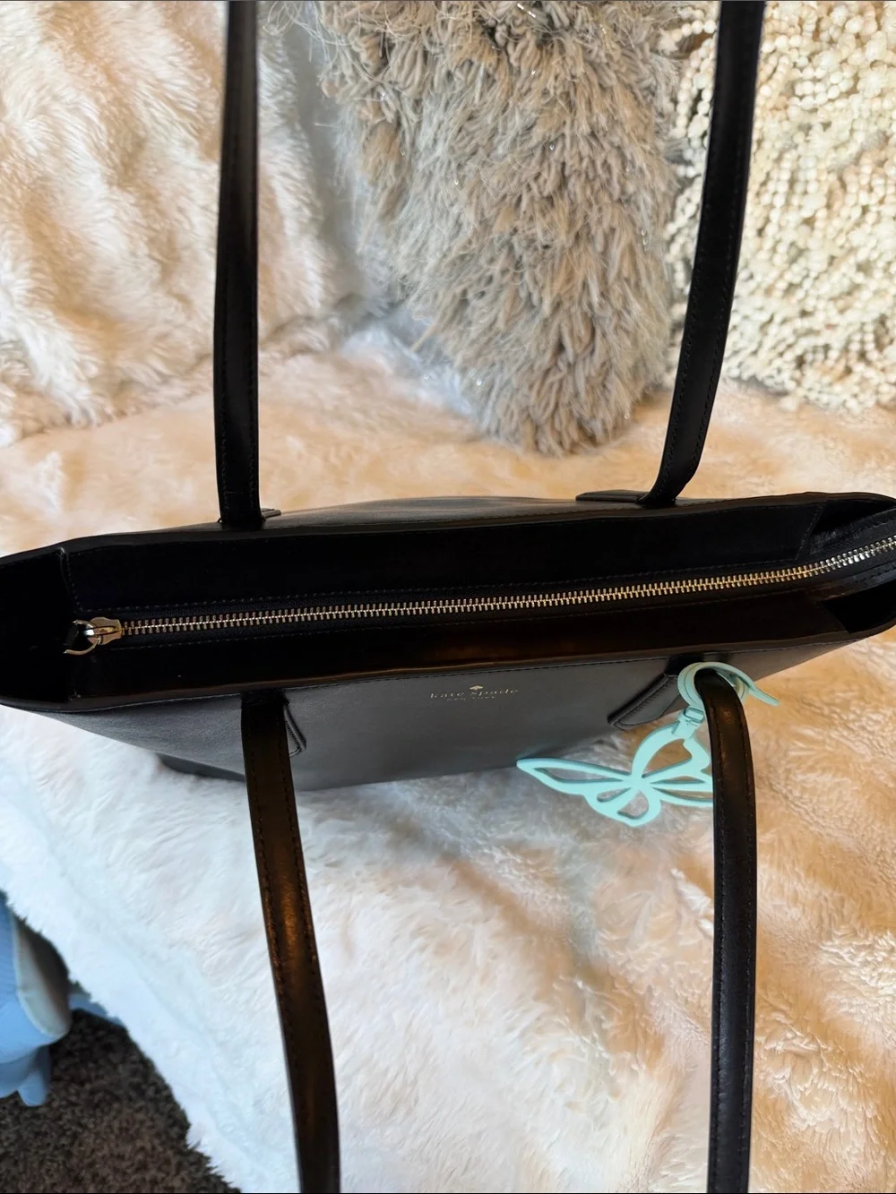 kate spade Black Leather Tote with Light Blue Butterfly Charm